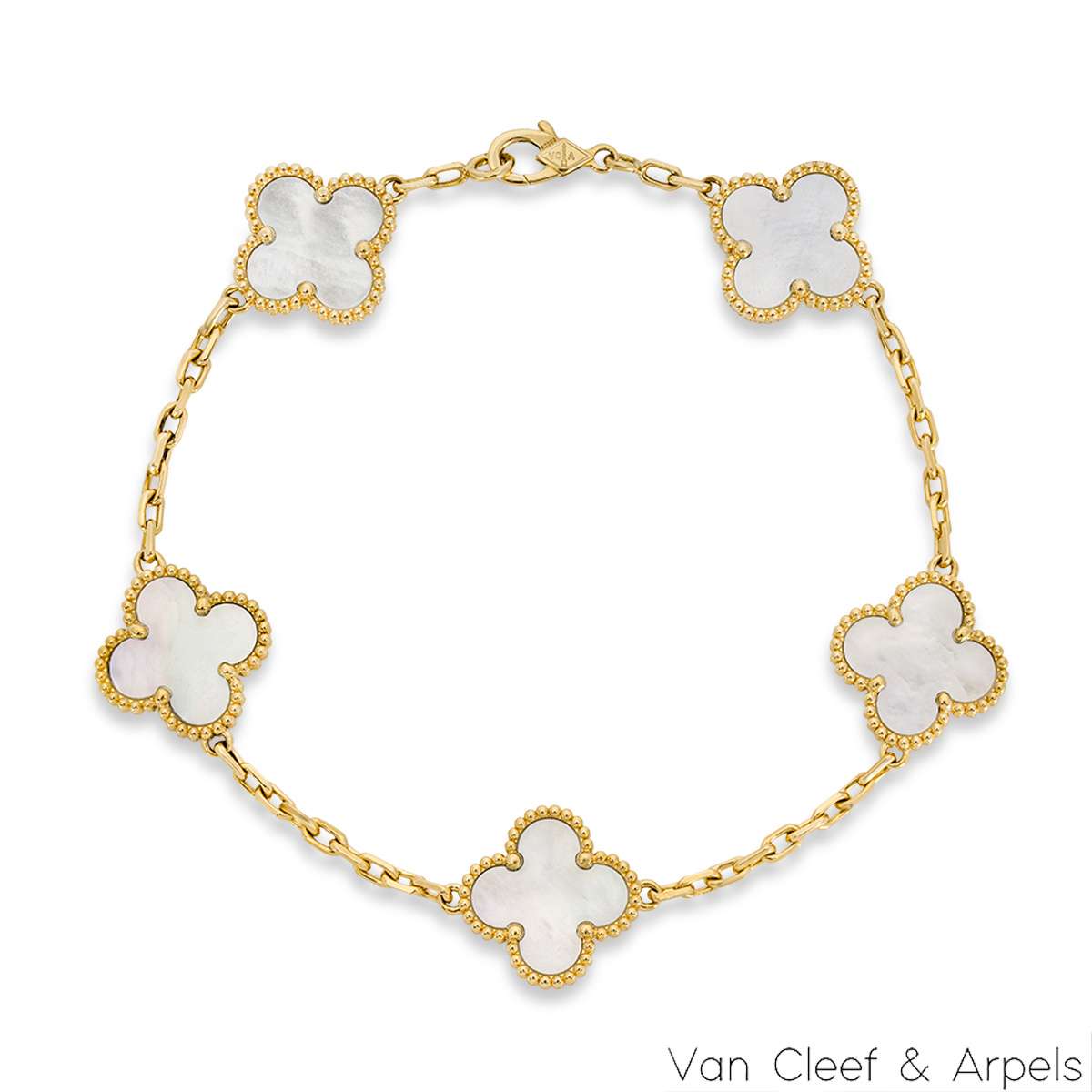 Van Cleef & Arpels Yellow Gold Mother of Pearl Vintage Alhambra 5 Motif Bracelet VCARA41800 Van Cleef & Arpels Yellow Gold Mother of Pearl Vintage Alhambra 5 Motif Bracelet VCARA41800